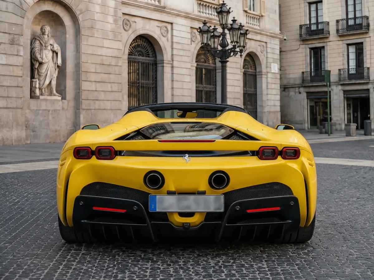 Ferrari SF90 Spider 2024, rear view — Barcelona Luxury Car Rental, Barcelona. The Ferrari SF90 Spider sits at the top of the marque's current range, pairing a…