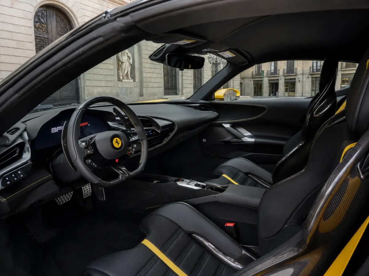 Ferrari SF90 Spider 2024, interior — Barcelona Luxury Car Rental, Barcelona. The Ferrari SF90 Spider sits at the top of the marque's current range, pairing a…