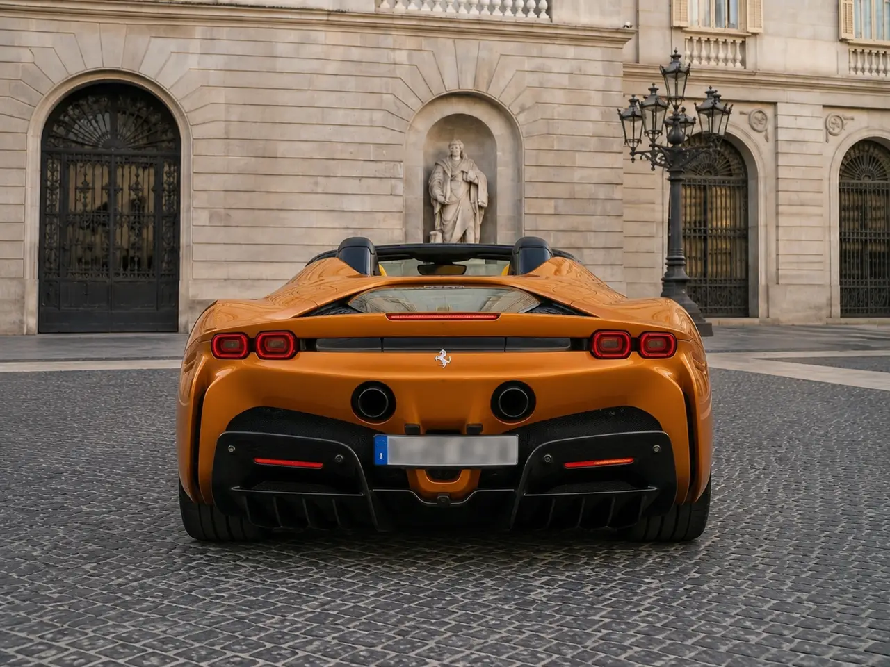 Ferrari SF90 Spider Tailor Made 2025, rear view — Barcelona Luxury Car Rental, Barcelona. The Ferrari SF90 Spider Tailor Made is the most powerful car in this fleet, combining a…