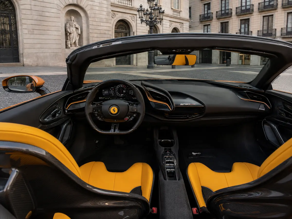 Ferrari SF90 Spider Tailor Made 2025, interior — Barcelona Luxury Car Rental, Barcelona. The Ferrari SF90 Spider Tailor Made is the most powerful car in this fleet, combining a…