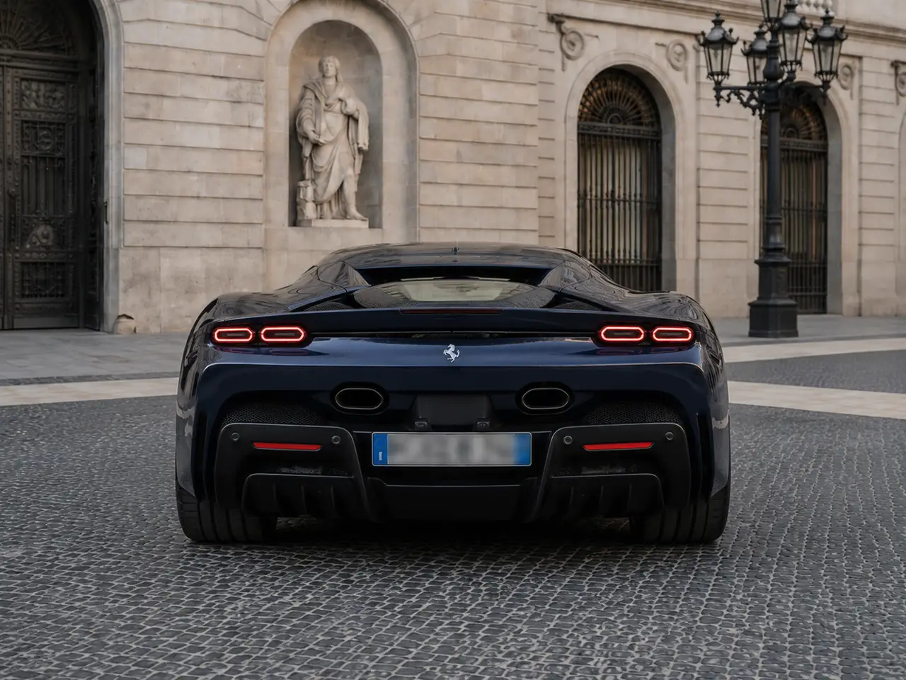 Ferrari SF90 Stradale 2025, rear view — Barcelona Luxury Car Rental, Barcelona. The Ferrari SF90 Stradale sits at the top of the marque's current range, pairing a…