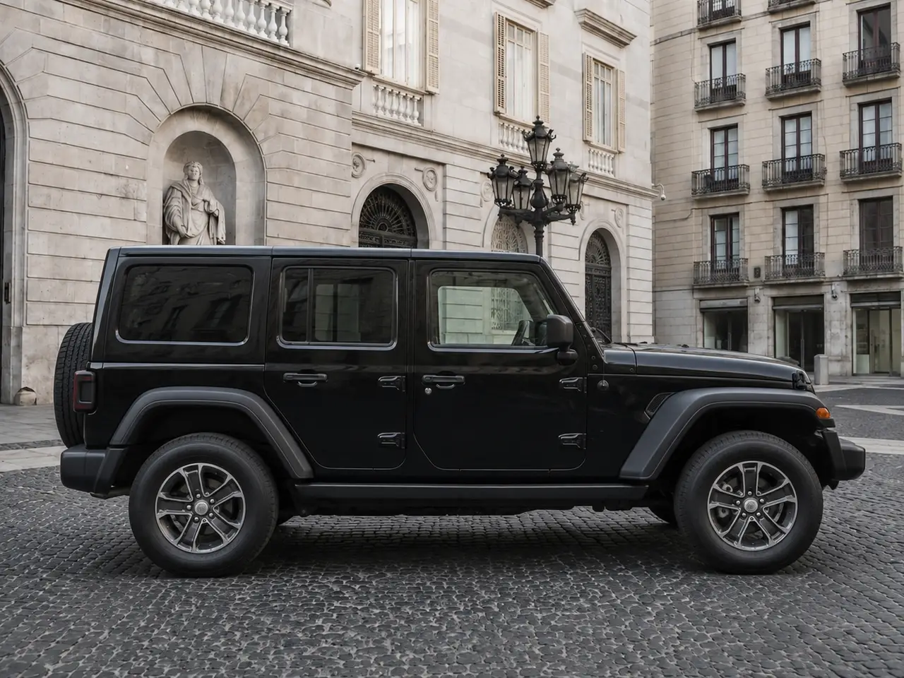 Jeep Wrangler 2025, front view — Barcelona Luxury Car Rental, Barcelona. The 2025 Jeep Wrangler brings a different character to the fleet than the…