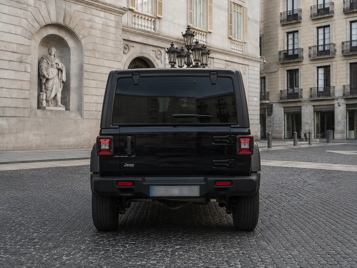 Jeep Wrangler 2025, rear view — Barcelona Luxury Car Rental, Barcelona. The 2025 Jeep Wrangler brings a different character to the fleet than the…