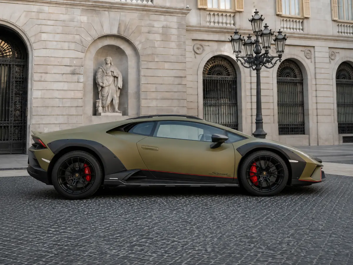 Lamborghini Huracan Sterrato 2024, front view — Barcelona Luxury Car Rental, Barcelona. The Lamborghini Huracán Sterrato sits apart from the rest of Lamborghini's lineup: raised…