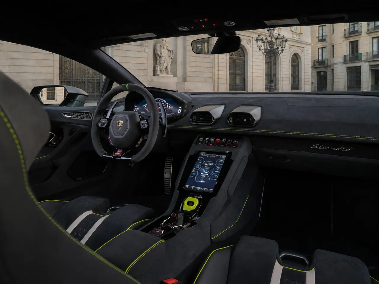 Lamborghini Huracan Sterrato 2024, interior — Barcelona Luxury Car Rental, Barcelona. The Lamborghini Huracán Sterrato sits apart from the rest of Lamborghini's lineup: raised…