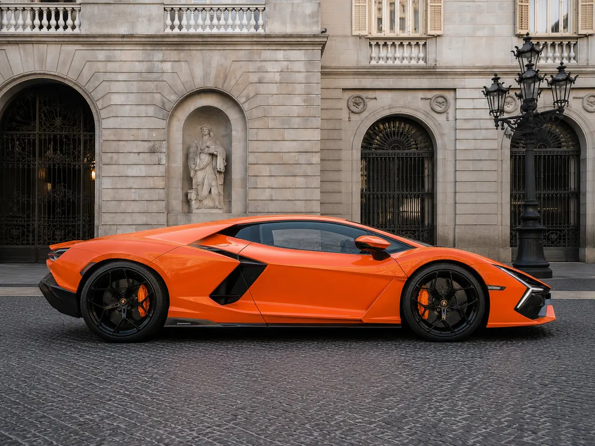 Lamborghini Revuelto 2026, front view — Barcelona Luxury Car Rental, Barcelona. The Lamborghini Revuelto is the marque's current flagship, pairing a naturally aspirated…