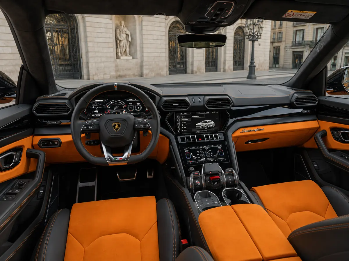 Lamborghini Urus S 2024, interior — Barcelona Luxury Car Rental, Barcelona. El Lamborghini Urus S de 2024 conserva la fórmula que definió al modelo: una carrocería…