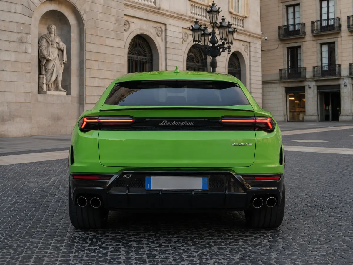 Lamborghini Urus SE 2026, vue arrière — Barcelona Luxury Car Rental, Barcelone. Le Lamborghini Urus SE de 2026 conserve l'essentiel de ce qui a fait la réputation du…