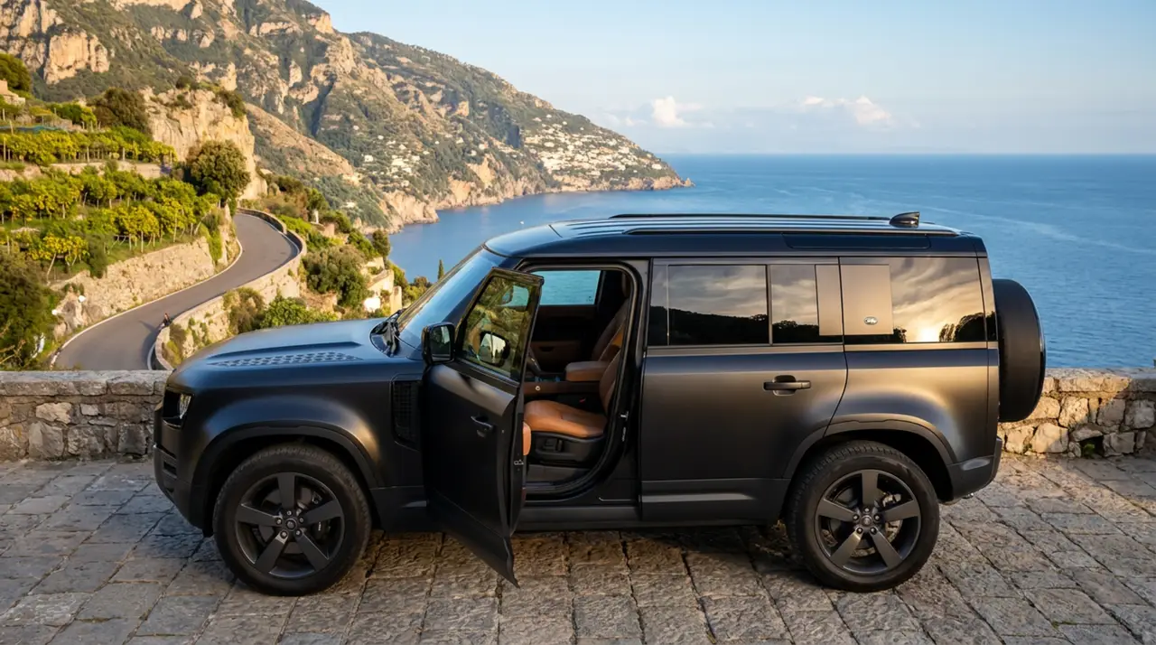 Land Rover Defender 2024, interior — Barcelona Luxury Car Rental, Barcelona. The 2024 Land Rover Defender in this fleet carries 400 hp and seats seven, which puts it…