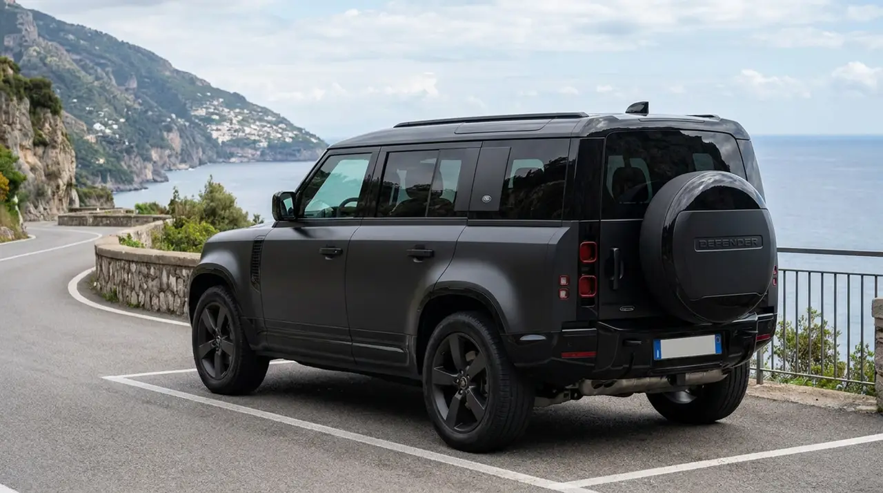 Land Rover Defender 2024, dashboard — Barcelona Luxury Car Rental, Barcelona. The 2024 Land Rover Defender in this fleet carries 400 hp and seats seven, which puts it…
