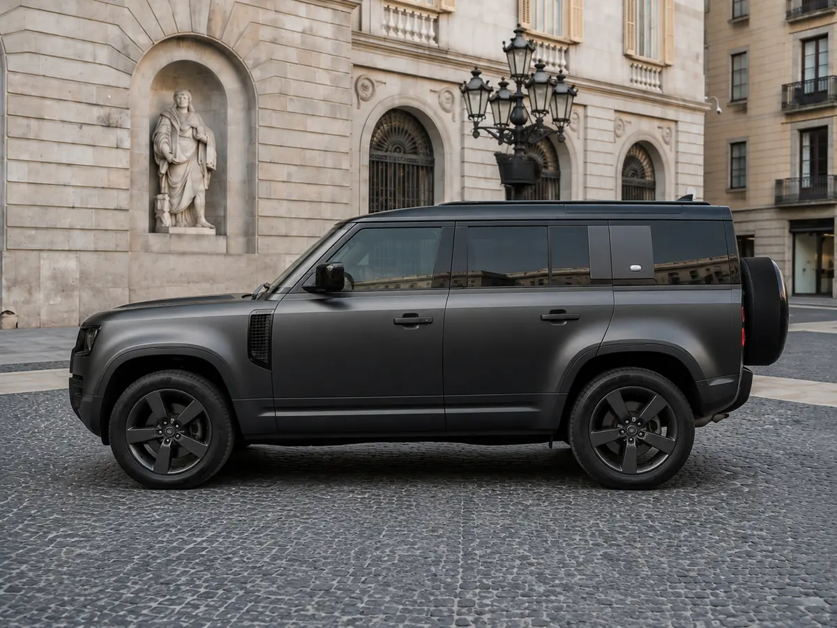Land Rover Defender 2024, exterior — Barcelona Luxury Car Rental, Barcelona. The 2024 Land Rover Defender in this fleet carries 400 hp and seats seven, which puts it…