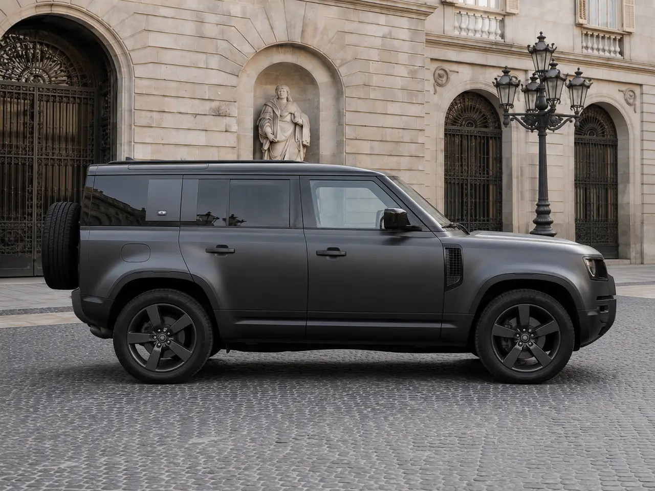 Land Rover Defender 2024, front view — Barcelona Luxury Car Rental, Barcelona. The 2024 Land Rover Defender in this fleet carries 400 hp and seats seven, which puts it…