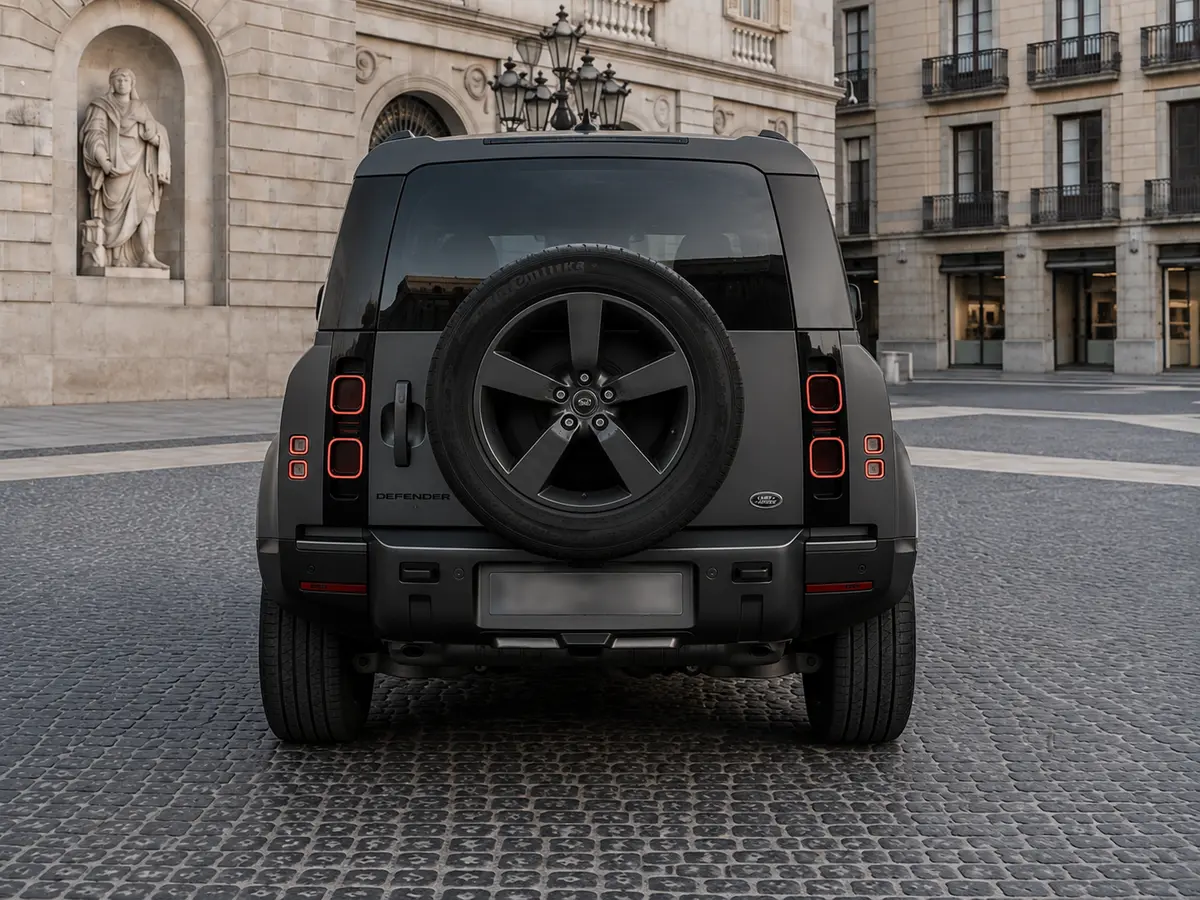 Land Rover Defender 2024, rear view — Barcelona Luxury Car Rental, Barcelona. The 2024 Land Rover Defender in this fleet carries 400 hp and seats seven, which puts it…