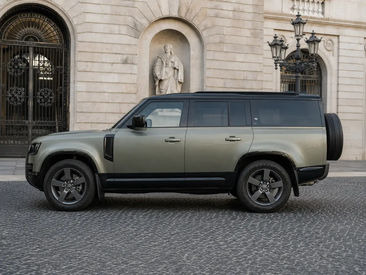 Land Rover Defender X-Dynamic 7 seater 2024, exterior — Barcelona Luxury Car Rental, Barcelona. The 2024 Land Rover Defender X-Dynamic seats seven and carries its 300 hp with the…