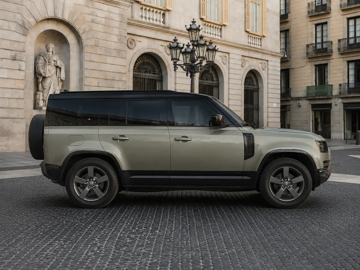Land Rover Defender X-Dynamic 7 seater 2024, front view — Barcelona Luxury Car Rental, Barcelona. The 2024 Land Rover Defender X-Dynamic seats seven and carries its 300 hp with the…