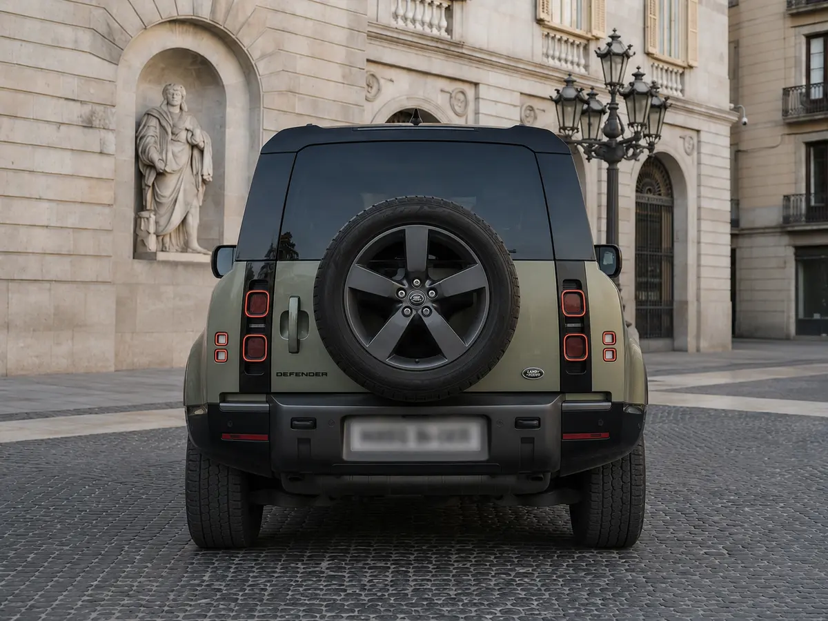Land Rover Defender X-Dynamic 7 seater 2024, rear view — Barcelona Luxury Car Rental, Barcelona. The 2024 Land Rover Defender X-Dynamic seats seven and carries its 300 hp with the…