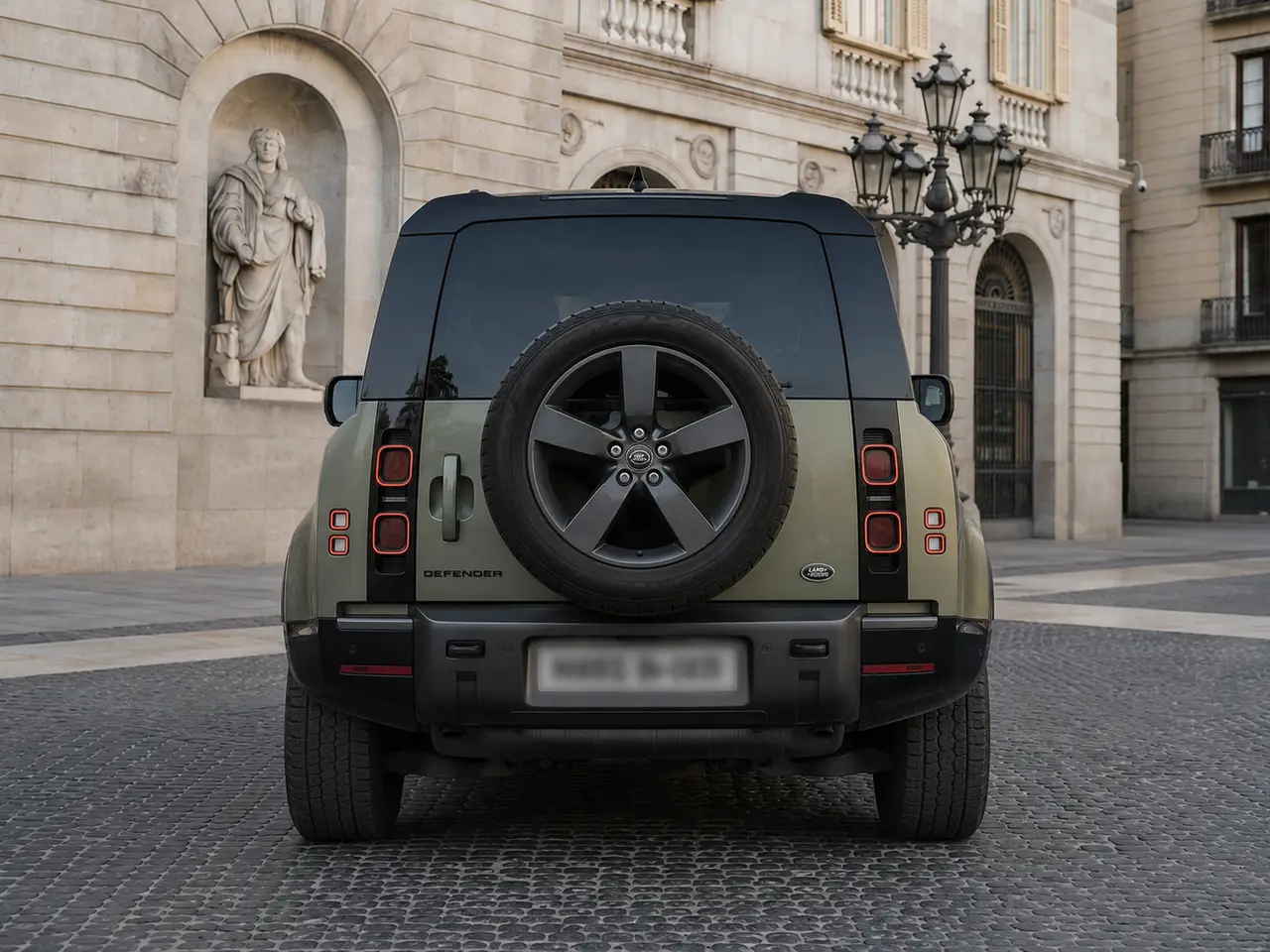 Land Rover Defender X-Dynamic 7 seater 2024, rear view — Barcelona Luxury Car Rental, Barcelona. The 2024 Land Rover Defender X-Dynamic seats seven and carries its 300 hp with the…