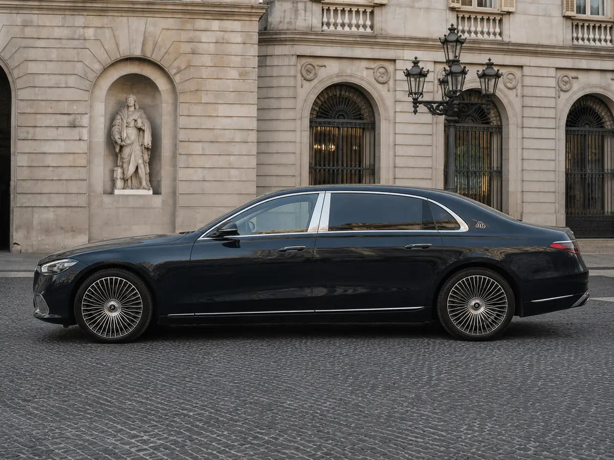Maybach S580 2023, exterior — Barcelona Luxury Car Rental, Barcelona. The 2023 Maybach S580 is not built to be driven hard; it is built to arrive well. Its 503…