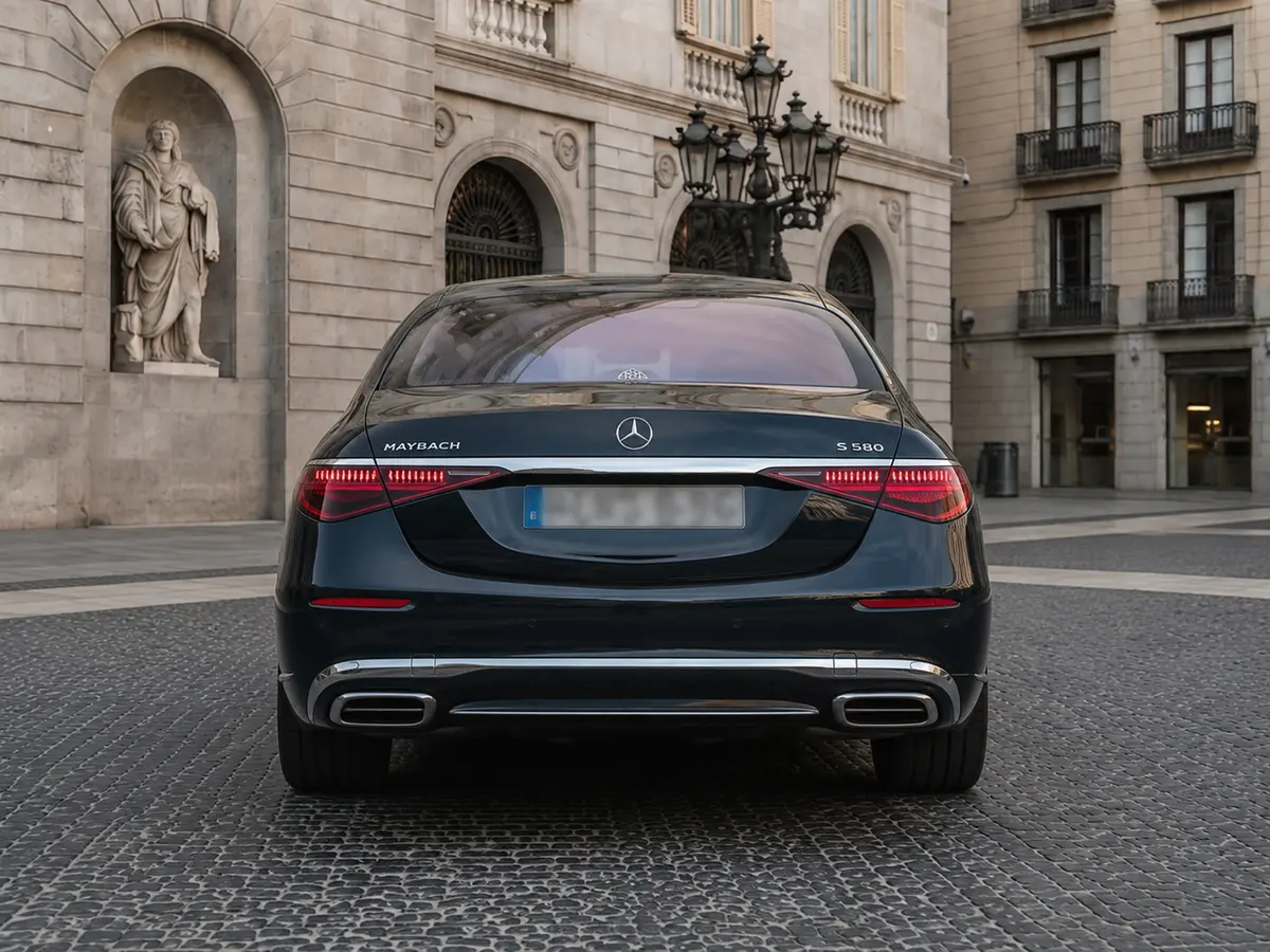 Maybach S580 2023, rear view — Barcelona Luxury Car Rental, Barcelona. The 2023 Maybach S580 is not built to be driven hard; it is built to arrive well. Its 503…