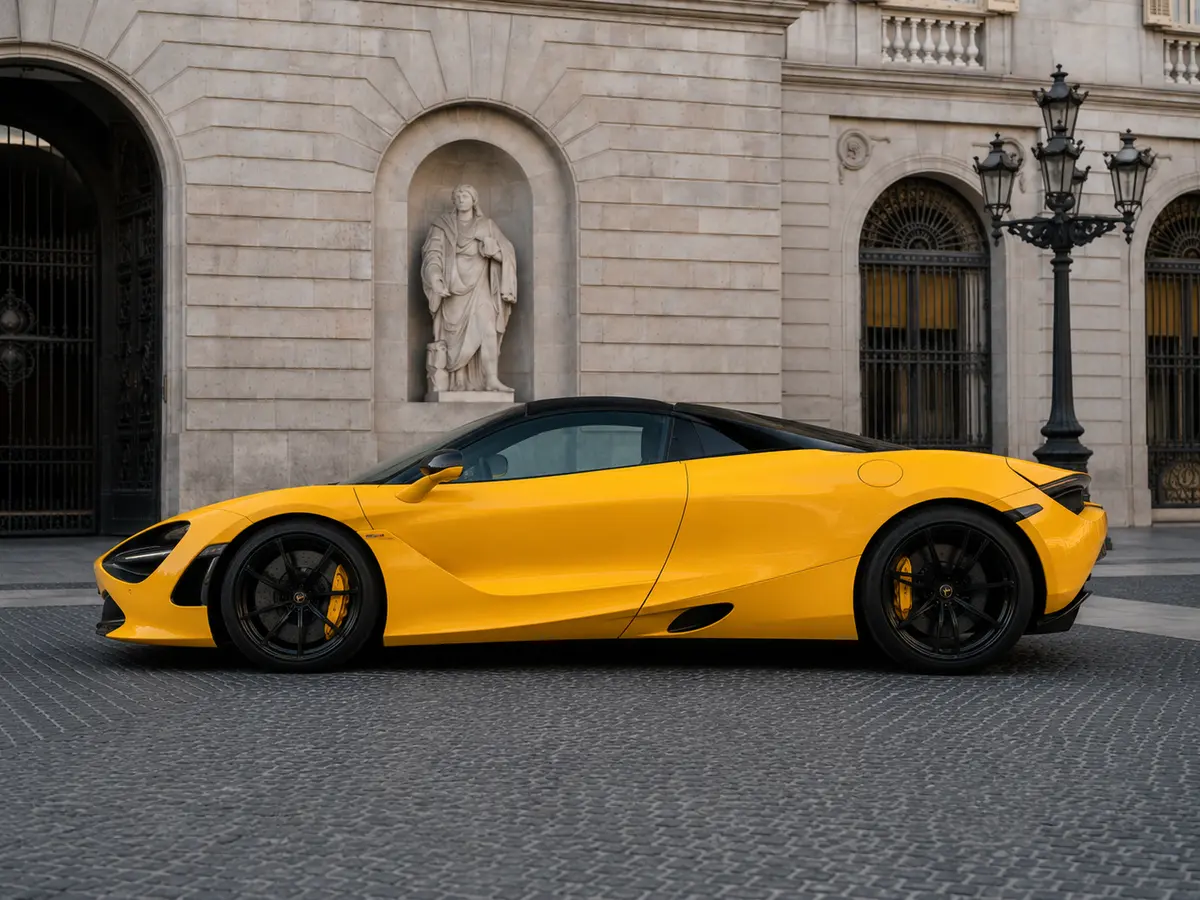 McLaren 720S Spider 2022, exterior — Barcelona Luxury Car Rental, Barcelona. The McLaren 720S Spider pairs a 720 hp twin-turbo V8 with a two-seat carbon cockpit built…