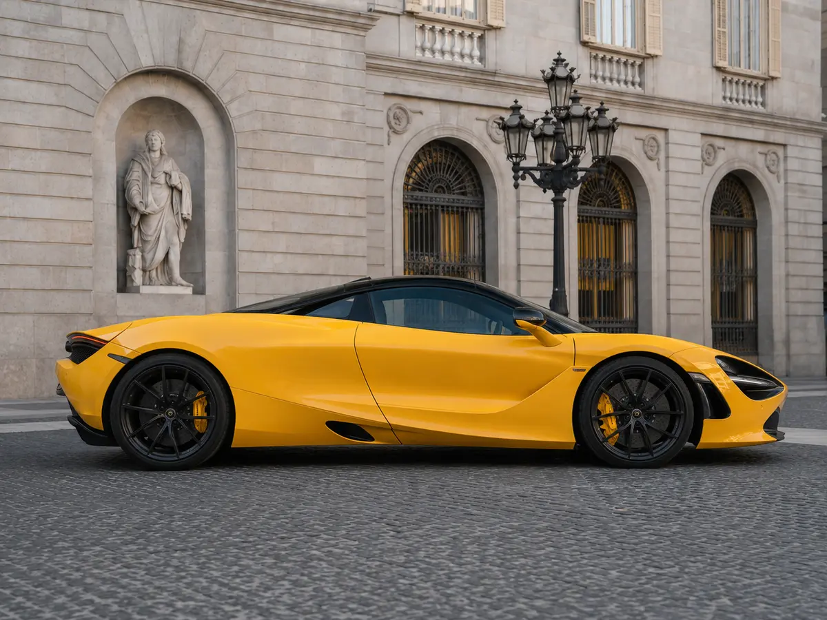 McLaren 720S Spider 2022, front view — Barcelona Luxury Car Rental, Barcelona. The McLaren 720S Spider pairs a 720 hp twin-turbo V8 with a two-seat carbon cockpit built…