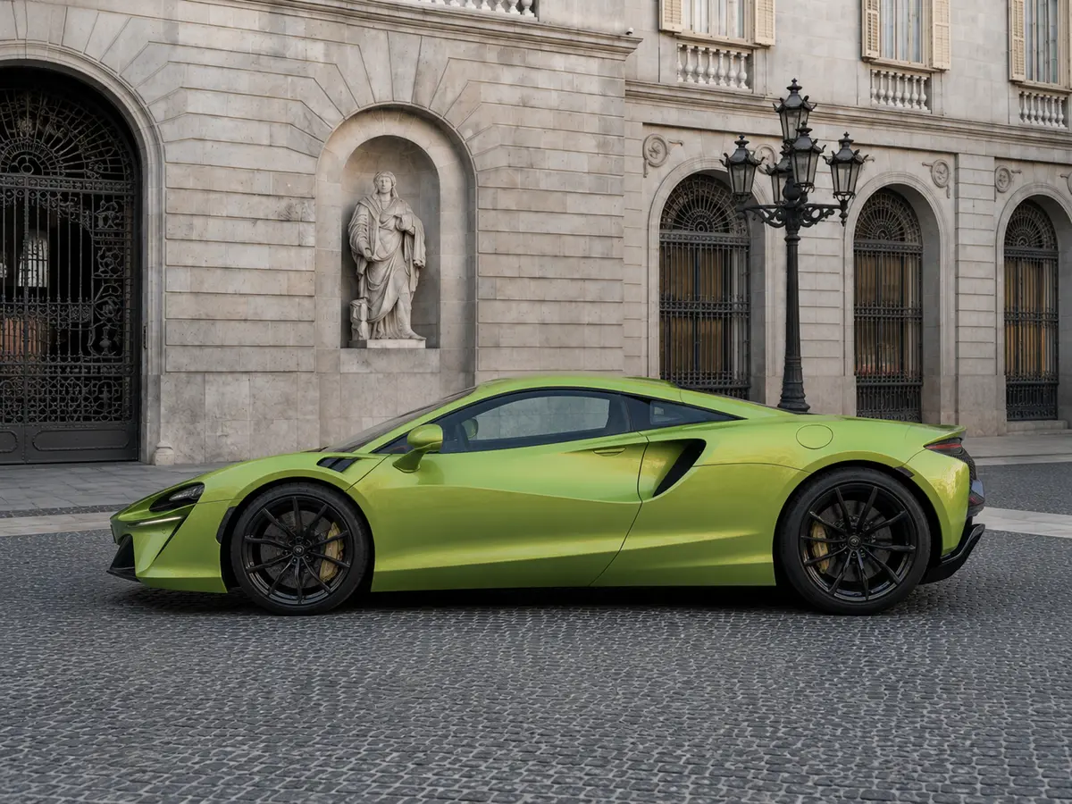 McLaren Artura Spider 2024, exterior — Barcelona Luxury Car Rental, Barcelona. The McLaren Artura Spider pairs a hybrid V6 with 671 hp in a chassis built for precision…