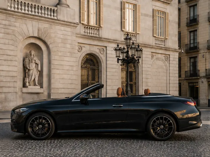 Mercedes Benz CLE 300 Cabriolet AMG Premium 2025, exterior — Barcelona Luxury Car Rental, Barcelona. The 2025 Mercedes-Benz CLE 300 Cabriolet AMG Premium pairs 258 hp with the calm,…