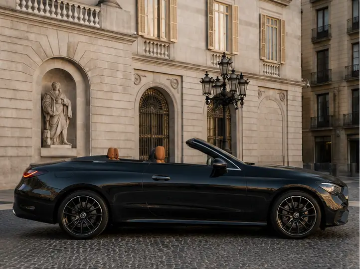 Mercedes Benz CLE 300 Cabriolet AMG Premium 2025, front view — Barcelona Luxury Car Rental, Barcelona. The 2025 Mercedes-Benz CLE 300 Cabriolet AMG Premium pairs 258 hp with the calm,…