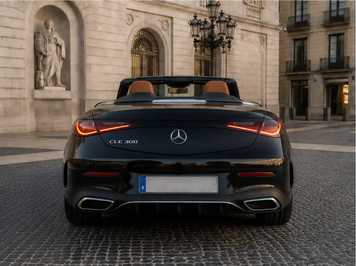 Mercedes Benz CLE 300 Cabriolet AMG Premium 2025, rear view — Barcelona Luxury Car Rental, Barcelona. The 2025 Mercedes-Benz CLE 300 Cabriolet AMG Premium pairs 258 hp with the calm,…