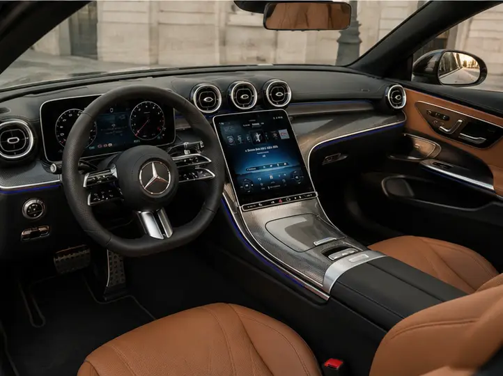Mercedes Benz CLE 300 Cabriolet AMG Premium 2025, interior — Barcelona Luxury Car Rental, Barcelona. The 2025 Mercedes-Benz CLE 300 Cabriolet AMG Premium pairs 258 hp with the calm,…