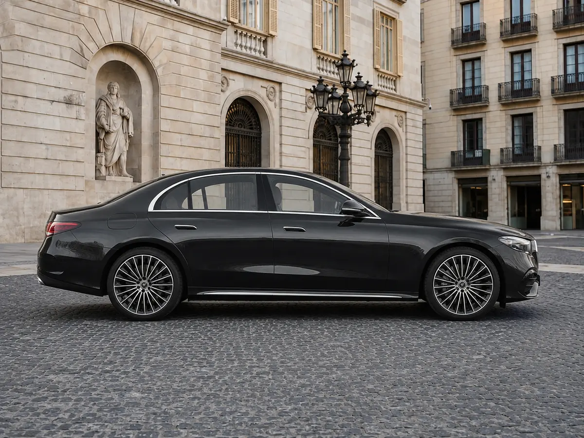 Mercedes Benz E-klasse 220d Premium Plus 2026, vue avant — Barcelona Luxury Car Rental, Barcelone. La Mercedes Benz E-Klasse 220d Premium Plus 2026 s'adresse à qui recherche une conduite…