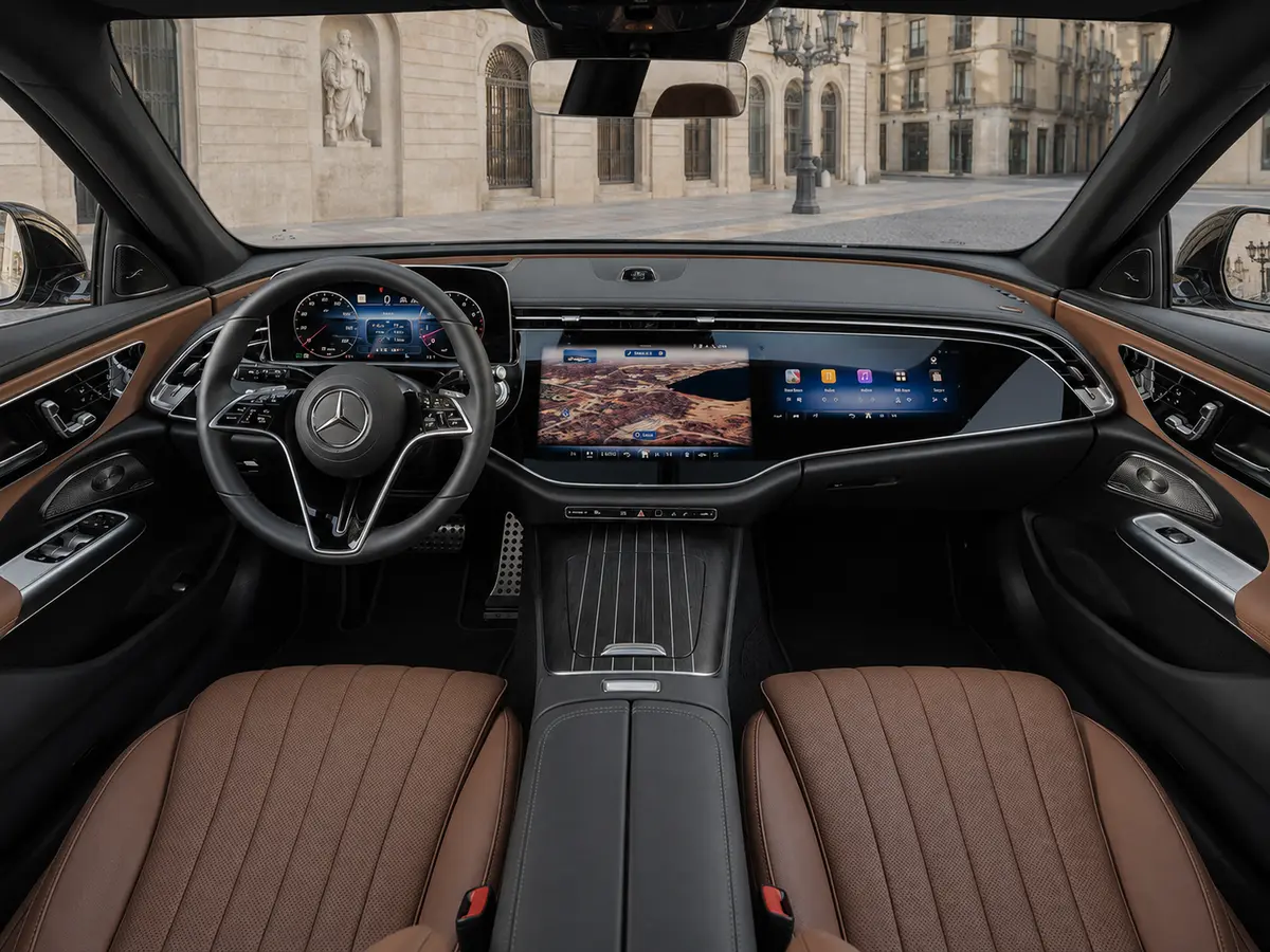 Mercedes Benz E-klasse 220d Premium Plus 2026, intérieur — Barcelona Luxury Car Rental, Barcelone. La Mercedes Benz E-Klasse 220d Premium Plus 2026 s'adresse à qui recherche une conduite…