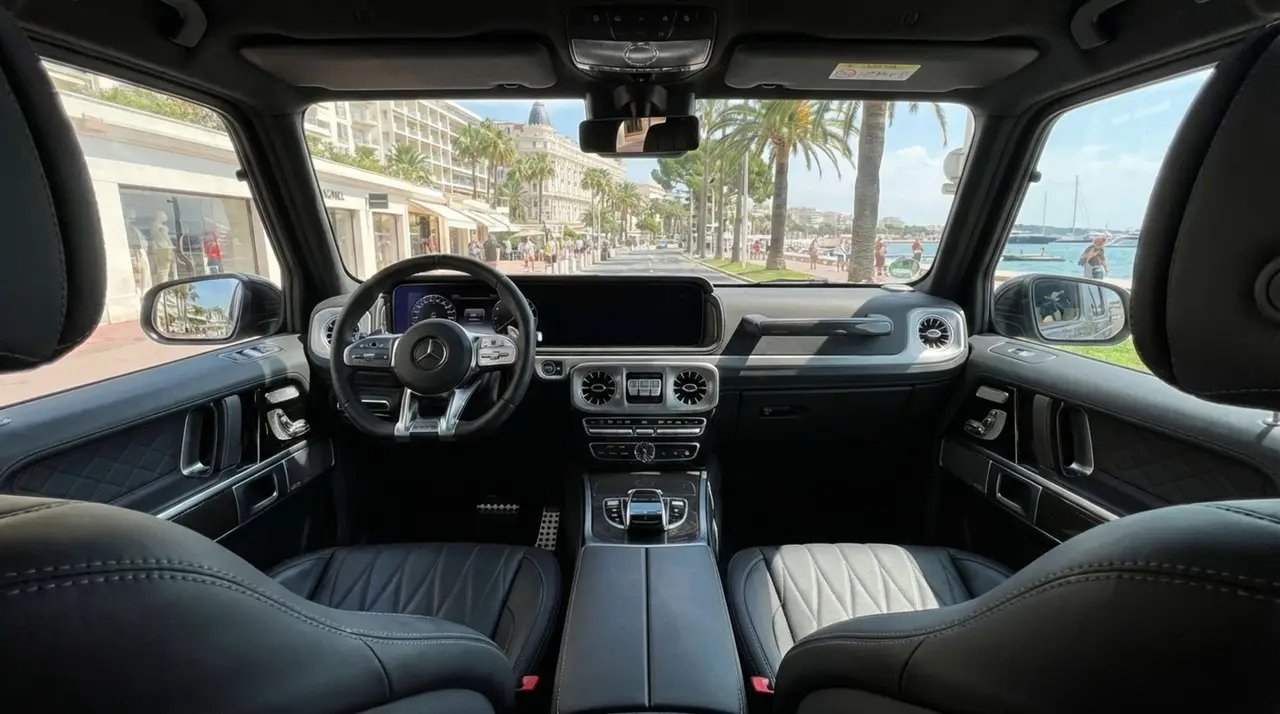 Mercedes Benz G63 2023, interior — Barcelona Luxury Car Rental, Barcelona. The Mercedes Benz G63 keeps its silhouette almost unchanged from the original G-Wagen,…