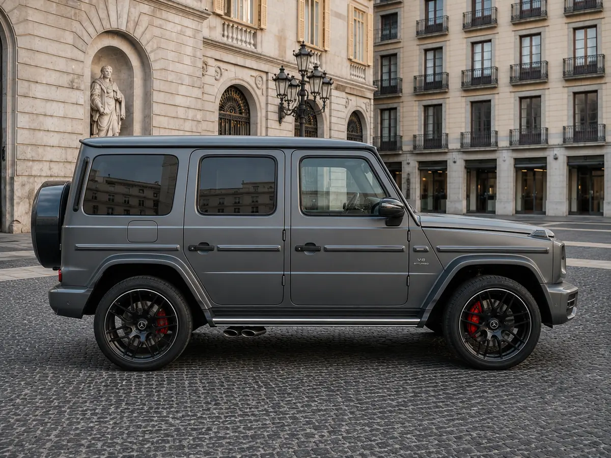 Mercedes Benz G63 2023, extérieur — Barcelona Luxury Car Rental, Barcelone. Le Mercedes-Benz G63 2023 impose sa présence dès le premier regard : carrosserie carrée,…