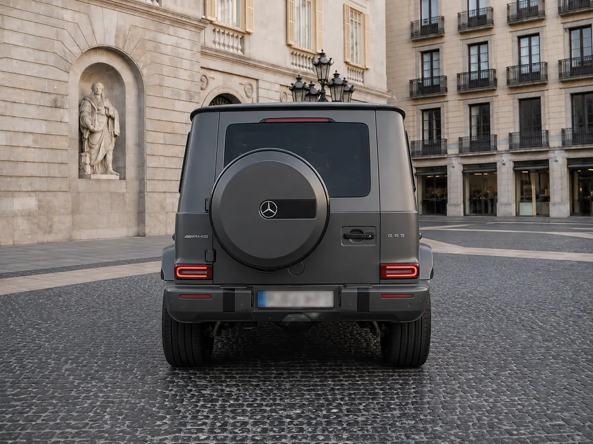 Mercedes Benz G63 2023, vue avant — Barcelona Luxury Car Rental, Barcelone. Le Mercedes-Benz G63 2023 impose sa présence dès le premier regard : carrosserie carrée,…