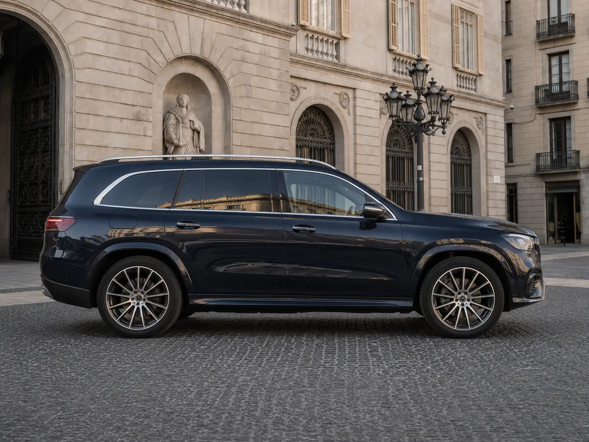 Mercedes Benz GLS-klasse 350 D Exclusive 7 Posti 2025, вид спереди — Barcelona Luxury Car Rental, Барселона. Mercedes Benz GLS-klasse 350 D Exclusive 7 Posti 2025 года — семиместный люксовый…