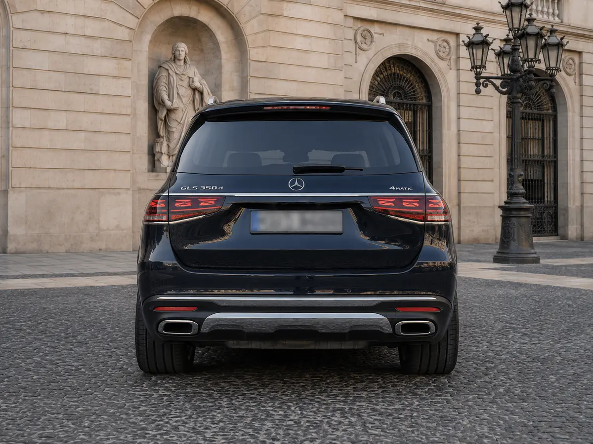 Mercedes Benz GLS-klasse 350 D Exclusive 7 Posti 2025, вид сзади — Barcelona Luxury Car Rental, Барселона. Mercedes Benz GLS-klasse 350 D Exclusive 7 Posti 2025 года — семиместный люксовый…