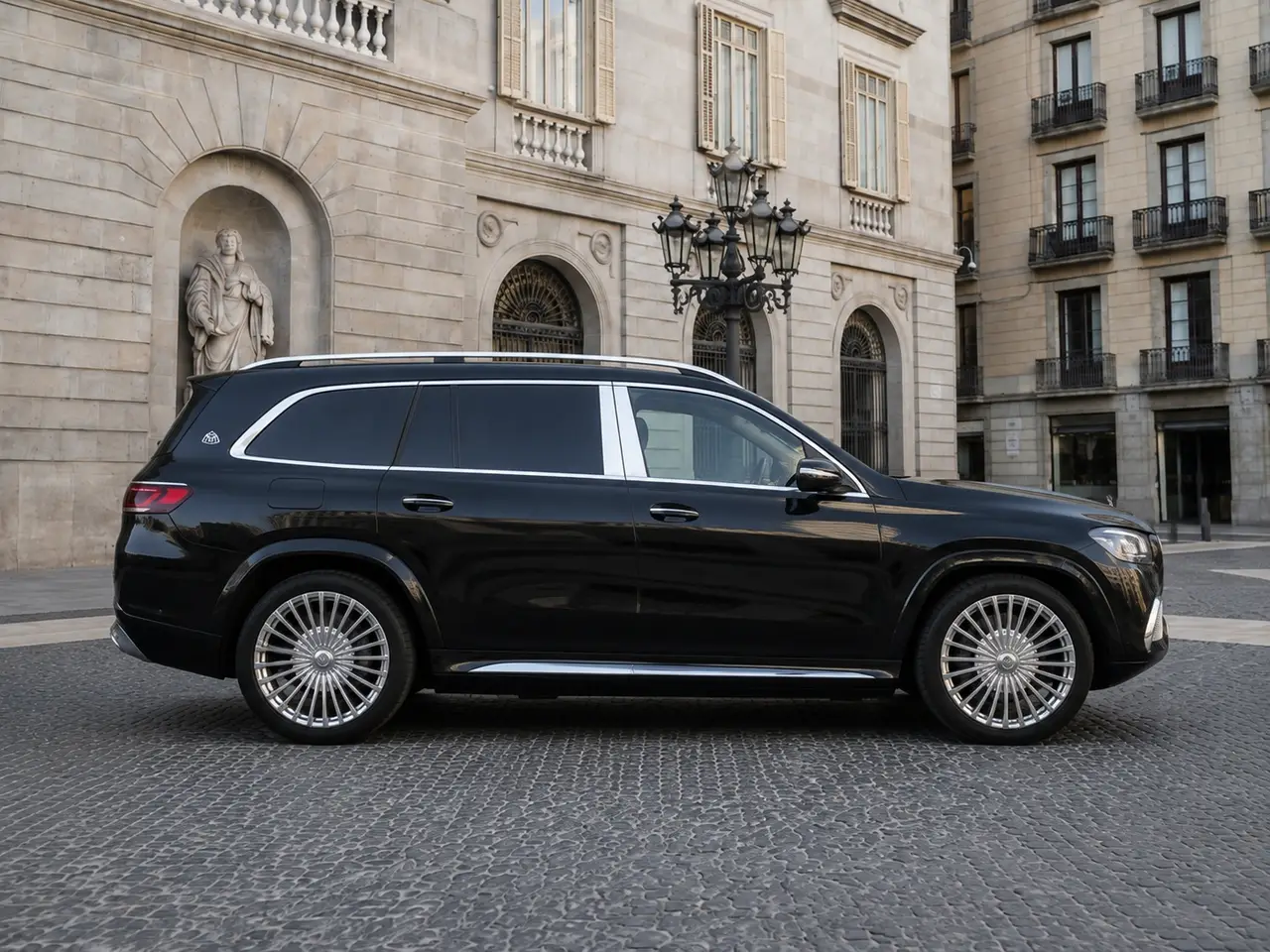 Mercedes Benz GLS Maybach 2022, vista frontal — Barcelona Luxury Car Rental, Barcelona. El Mercedes Benz GLS Maybach de 2022 pone 550 CV y cuatro asientos de gran formato al…