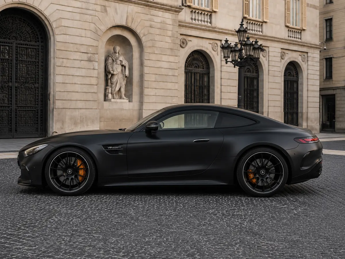 Mercedes Benz GT63 AMG Coupe 2024, exterior — Barcelona Luxury Car Rental, Barcelona. The Mercedes Benz GT63 AMG Coupe pairs a 577 hp AMG drivetrain with a long, low bonnet…
