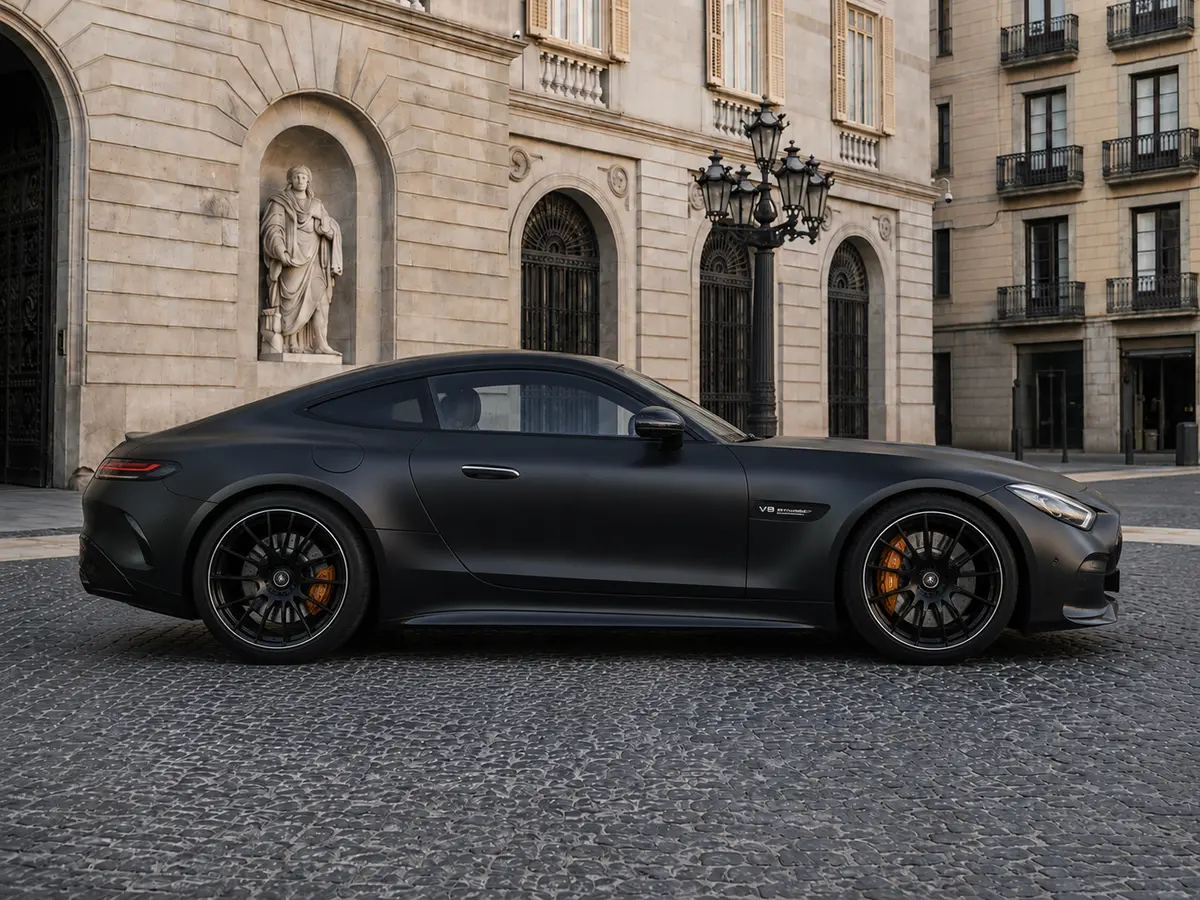 Mercedes Benz GT63 AMG Coupe 2024, front view — Barcelona Luxury Car Rental, Barcelona. The Mercedes Benz GT63 AMG Coupe pairs a 577 hp AMG drivetrain with a long, low bonnet…