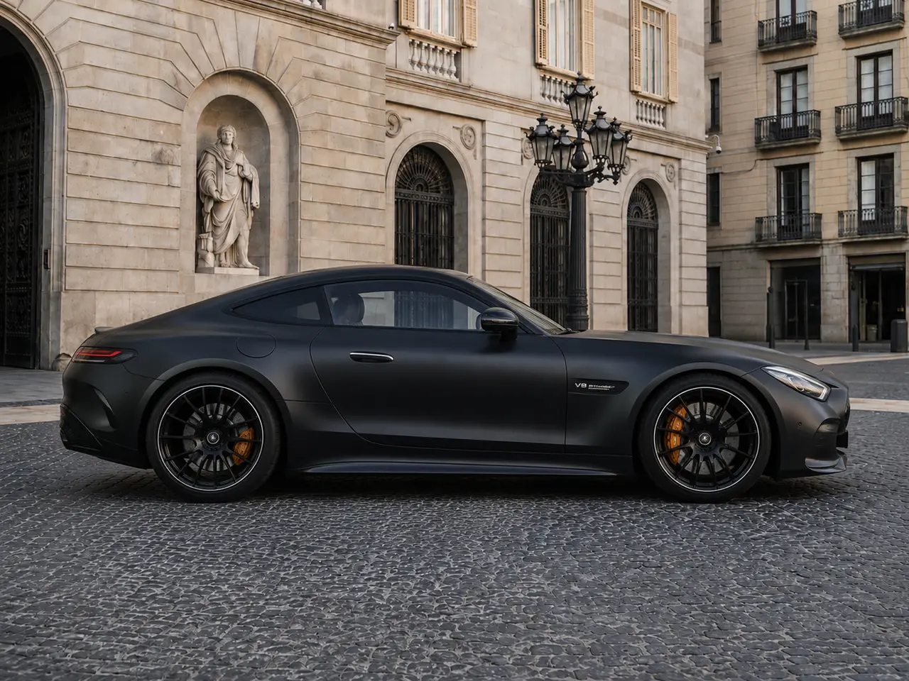 Mercedes Benz GT63 AMG Coupe 2024, front view — Barcelona Luxury Car Rental, Barcelona. The Mercedes Benz GT63 AMG Coupe pairs a 577 hp AMG drivetrain with a long, low bonnet…