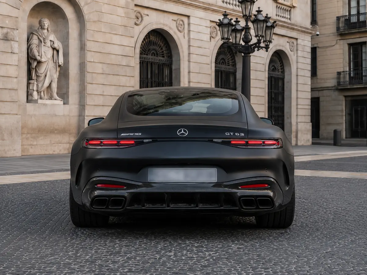 Mercedes Benz GT63 AMG Coupe 2024, rear view — Barcelona Luxury Car Rental, Barcelona. The Mercedes Benz GT63 AMG Coupe pairs a 577 hp AMG drivetrain with a long, low bonnet…