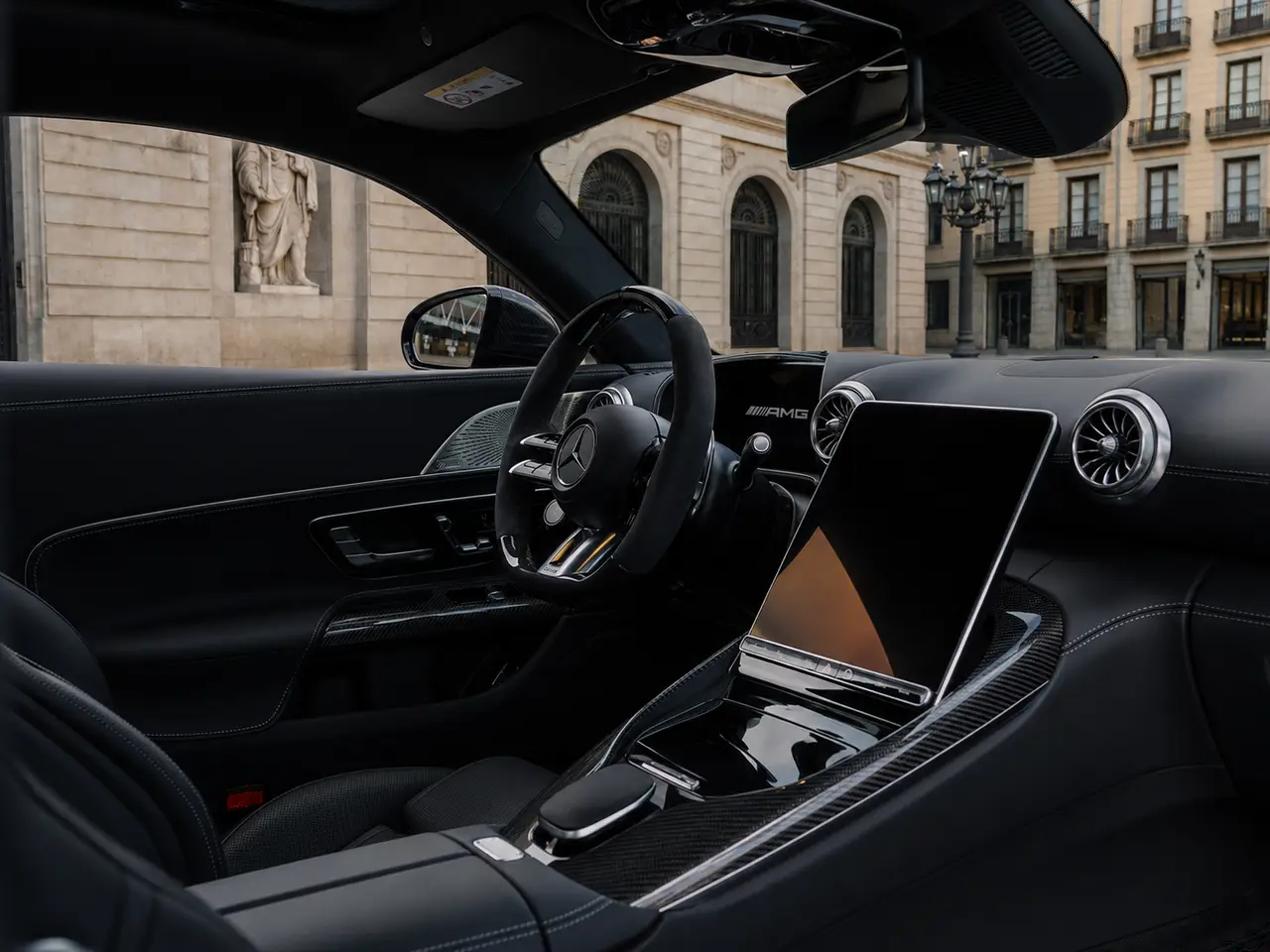 Mercedes Benz GT63 AMG Coupe 2024, interior — Barcelona Luxury Car Rental, Barcelona. The Mercedes Benz GT63 AMG Coupe pairs a 577 hp AMG drivetrain with a long, low bonnet…