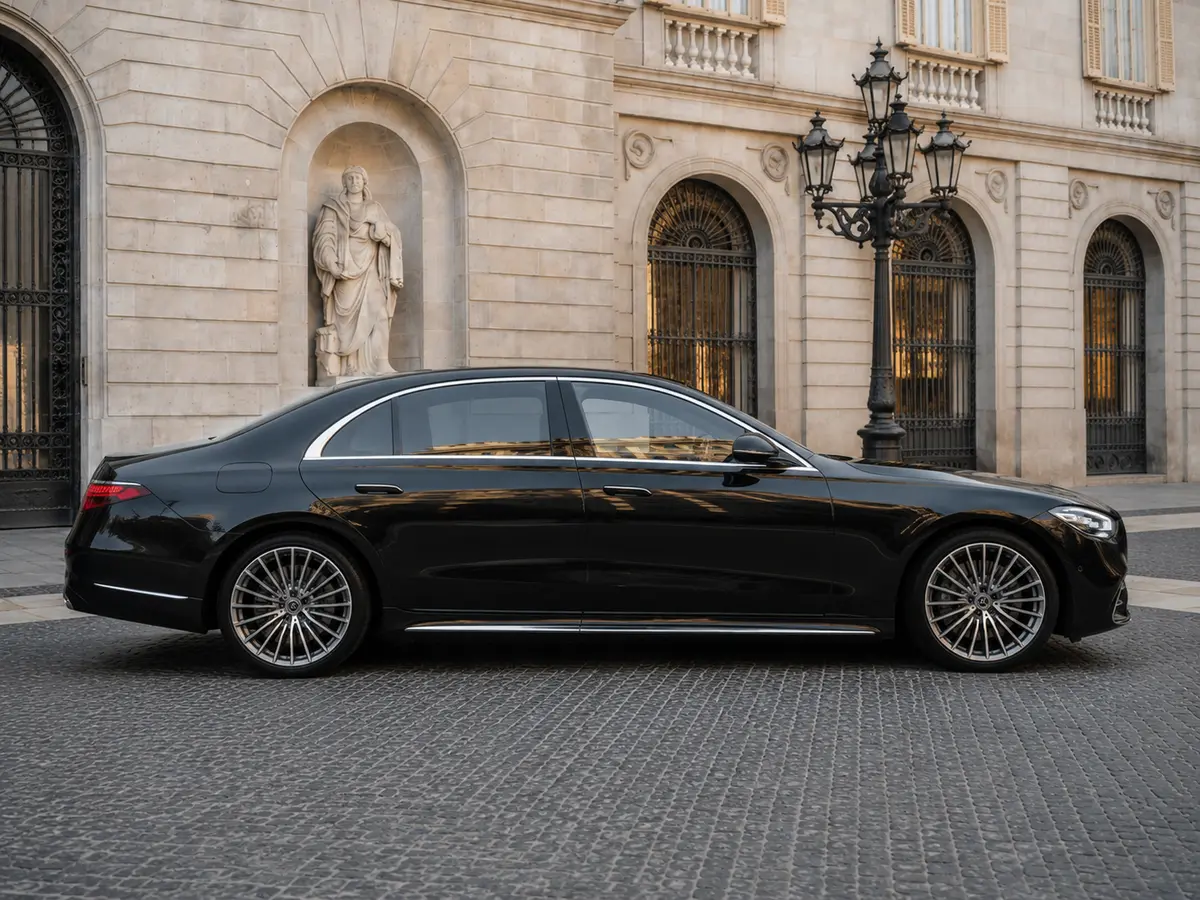 Mercedes Benz S-klasse S400 Long 4-Matic 2023, vista frontal — Barcelona Luxury Car Rental, Barcelona. El Mercedes-Benz Clase S S400 Long 4-Matic de 2023 es la versión de batalla larga de la…