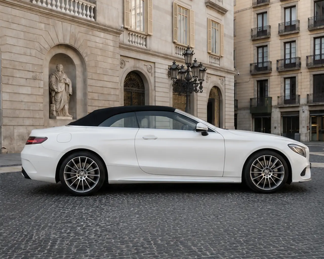 Mercedes Benz S560 Cabrio 2021, front view — Barcelona Luxury Car Rental, Barcelona. The 2021 Mercedes Benz S560 Cabrio brings the composure of Mercedes' flagship saloon to…