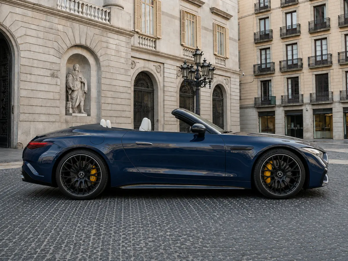 Mercedes Benz SL 63 AMG 2025, front view — Barcelona Luxury Car Rental, Barcelona. The 2025 Mercedes Benz SL 63 AMG carries 585 hp through a chassis tuned for confident,…