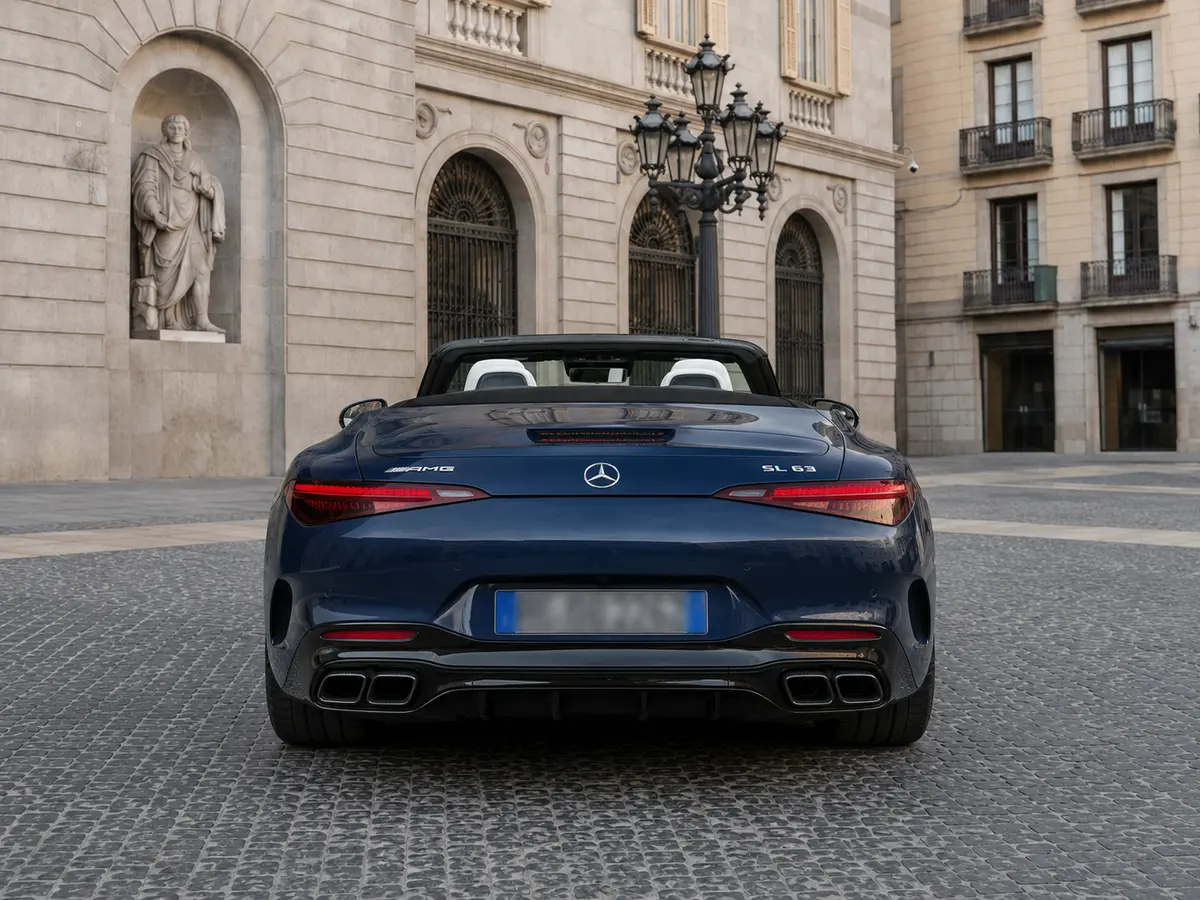 Mercedes Benz SL 63 AMG 2025, rear view — Barcelona Luxury Car Rental, Barcelona. The 2025 Mercedes Benz SL 63 AMG carries 585 hp through a chassis tuned for confident,…