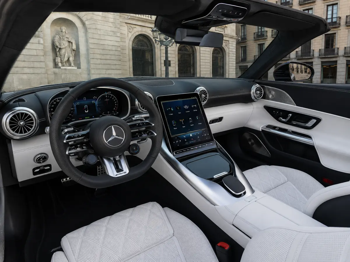 Mercedes Benz SL 63 AMG 2025, interior — Barcelona Luxury Car Rental, Barcelona. The 2025 Mercedes Benz SL 63 AMG carries 585 hp through a chassis tuned for confident,…
