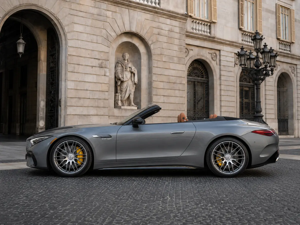 Mercedes Benz SL63 Cabrio 2023, exterior — Barcelona Luxury Car Rental, Barcelona. The Mercedes Benz SL63 Cabrio pairs a 585 hp V8 with the folding hardtop mechanics that…