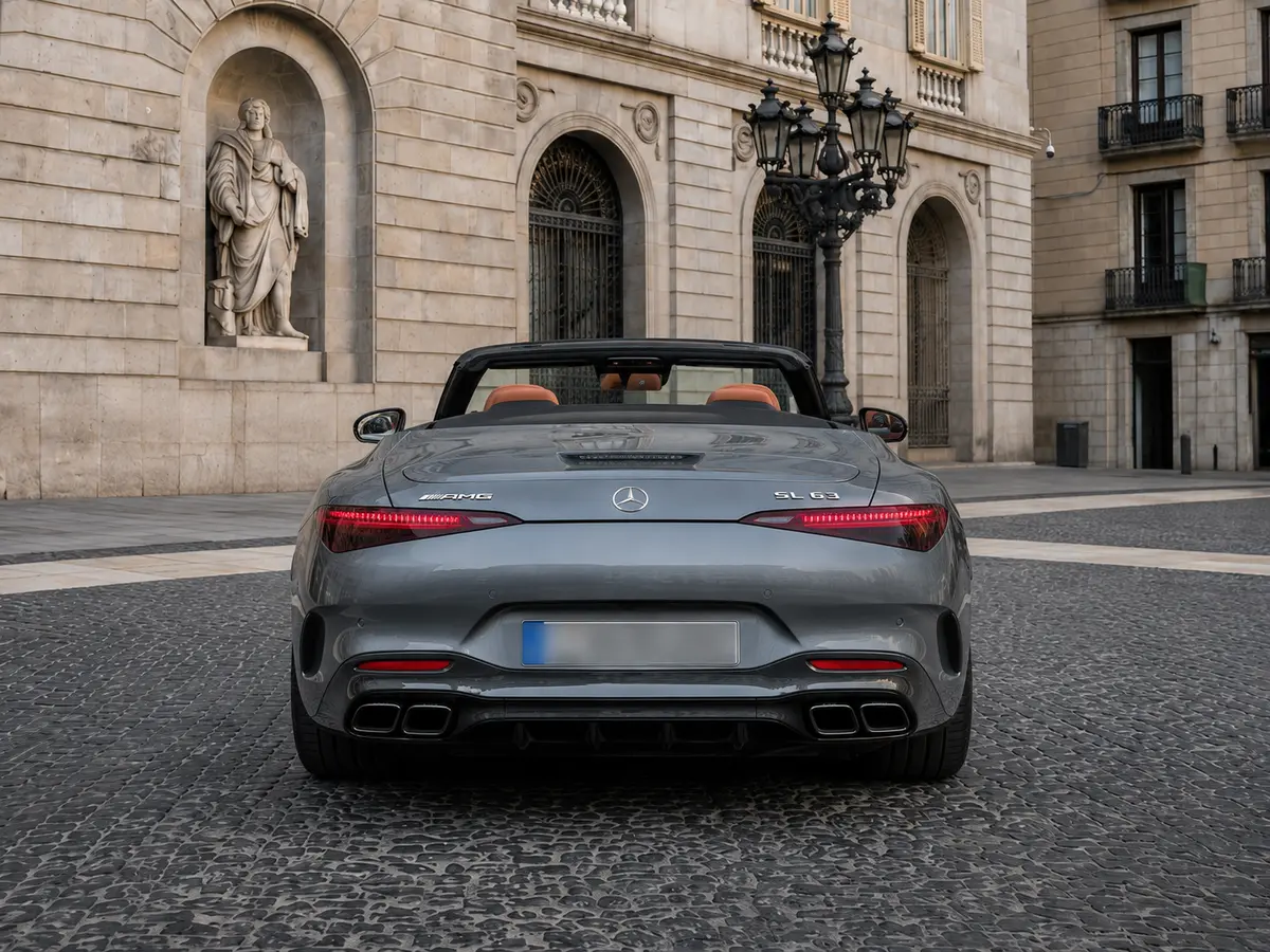 Mercedes Benz SL63 Cabrio 2023, rear view — Barcelona Luxury Car Rental, Barcelona. The Mercedes Benz SL63 Cabrio pairs a 585 hp V8 with the folding hardtop mechanics that…